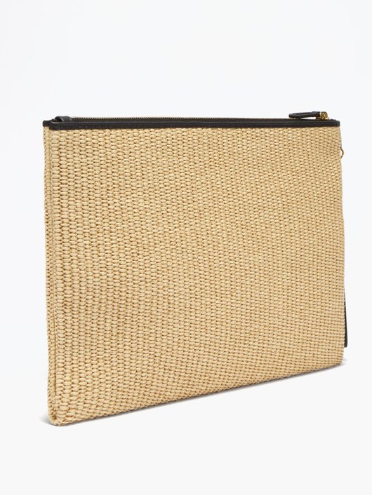 Logo-embroidered raffia pouch