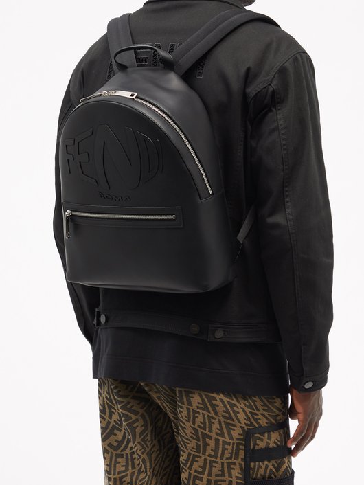 Warped-logo leather backpack