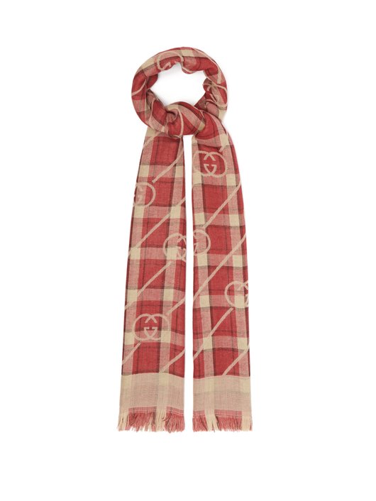 Gucci GG-jacquard plaid wool-blend scarf