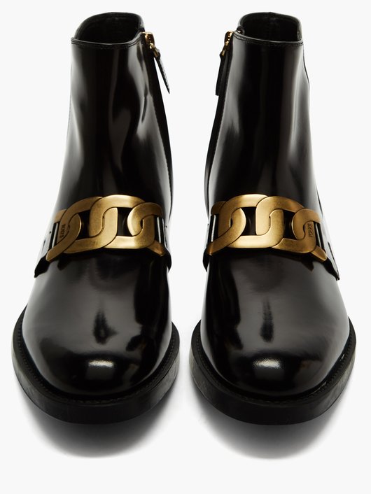 Chain-embellished patent-leather boots