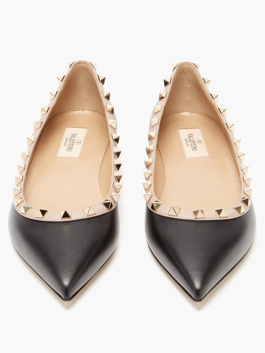 Rockstud point-toe leather ballet flats