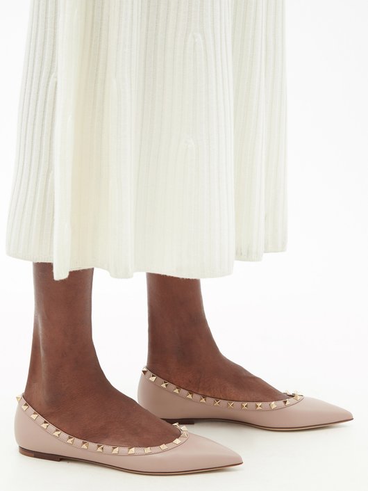 Rockstud point-toe leather ballet flats