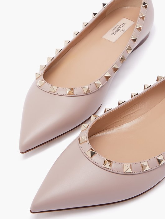 Rockstud point-toe leather ballet flats