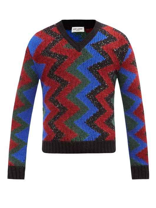 Saint Laurent Sequinned chevron-jacquard wool-blend sweater