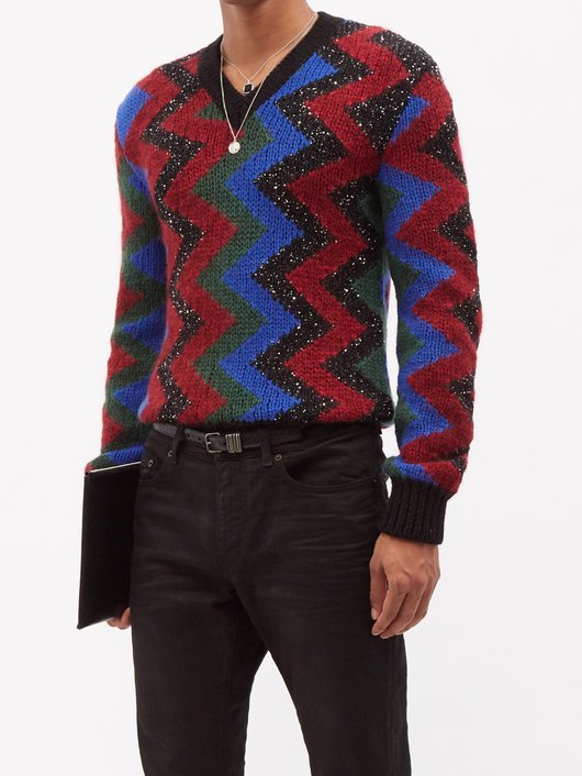 Saint Laurent Sequinned chevron-jacquard wool-blend sweater