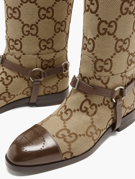 Gucci GG-canvas and leather-harness boots