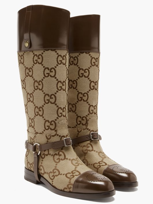 Gucci GG-canvas and leather-harness boots