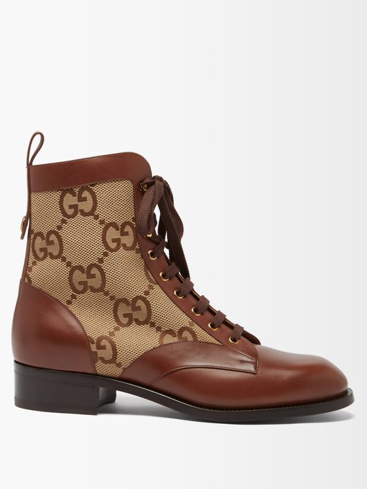 Gucci Waldo GG canvas and leather lace-up boots