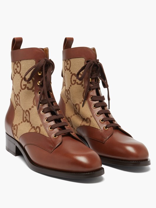 Gucci Waldo GG canvas and leather lace-up boots