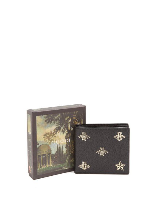 Gucci Bee-print bi-fold grained-leather wallet