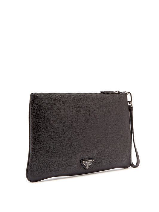 Prada Logo-patch grained-leather pouch