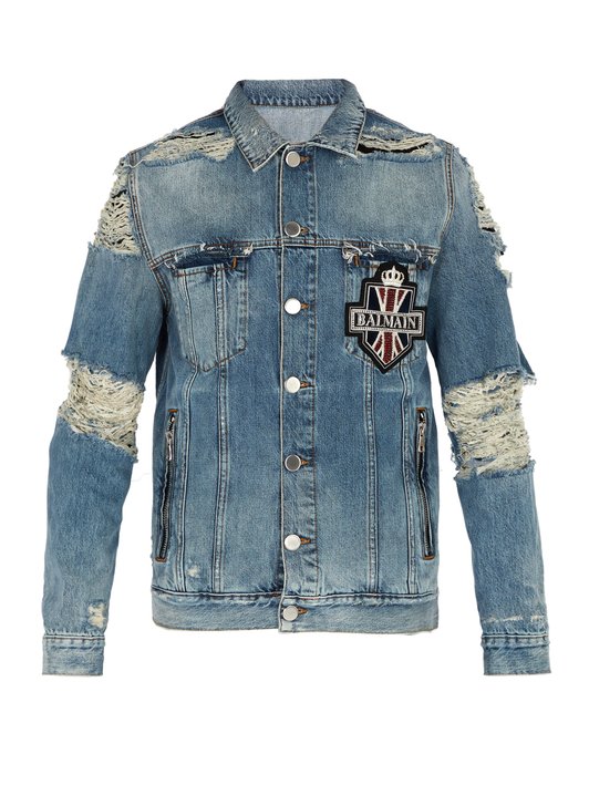 Balmain Distressed crystal-embellished denim jacket