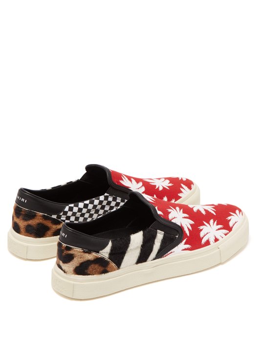 Amiri Printed patchwork canvas and calf hair trainers