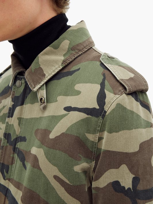 Saint Laurent Camouflage-print denim and shearling jacket