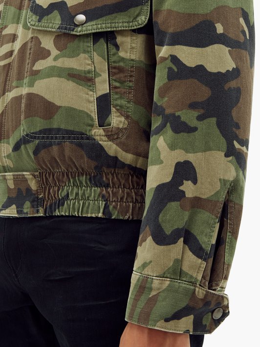 Saint Laurent Camouflage-print denim and shearling jacket