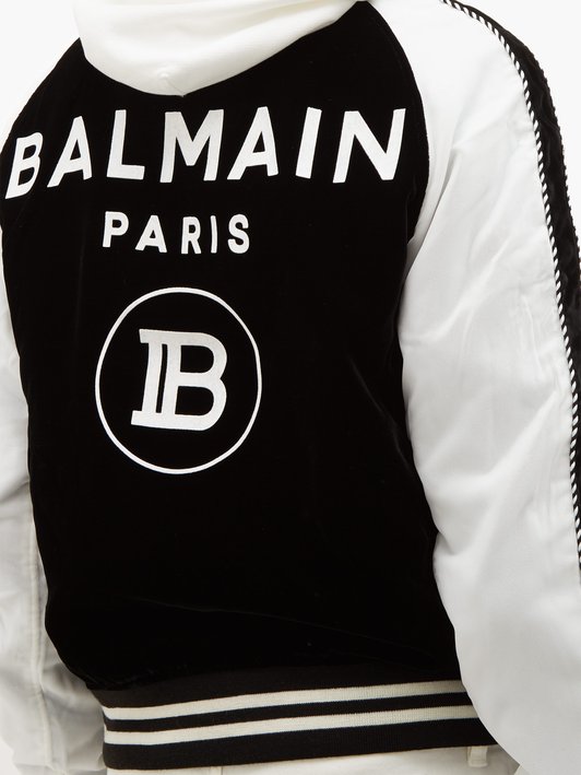 Balmain Logo-flocked velvet varsity jacket 