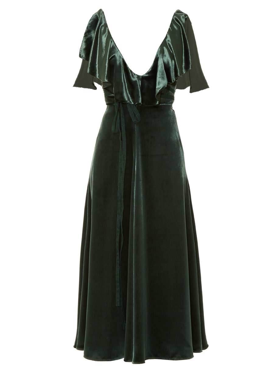 Green Deep V-neck velvet midi dress | Valentino | MATCHESFASHION US