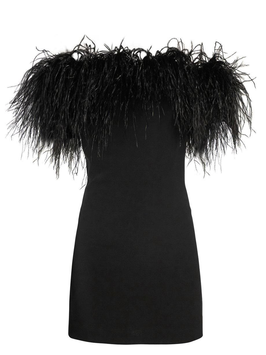 Black Off-the-shoulder Ostrich feather-trimmed dress | Saint Laurent ...