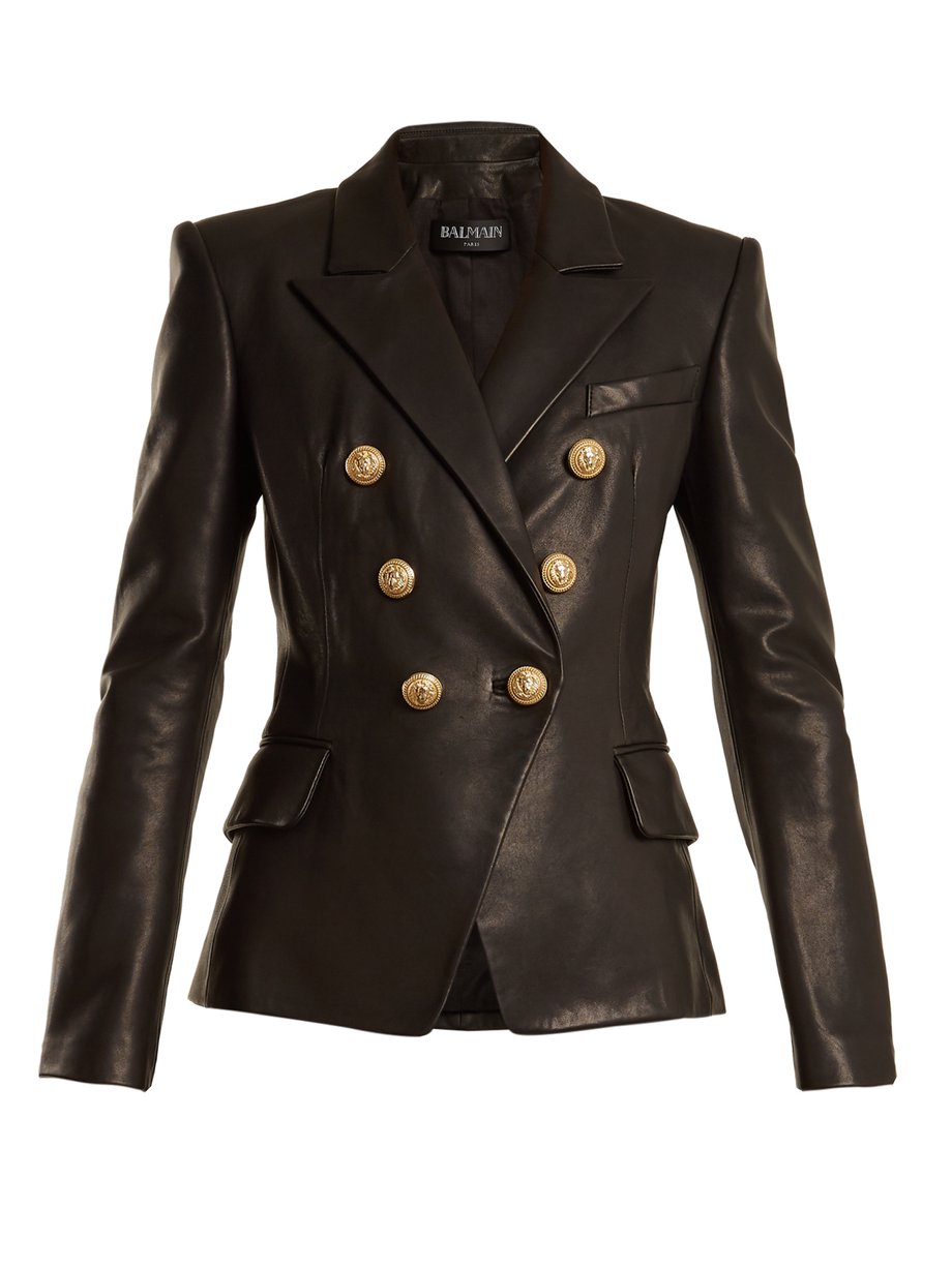 Black Double-breasted peak-lapel leather blazer | Balmain ...