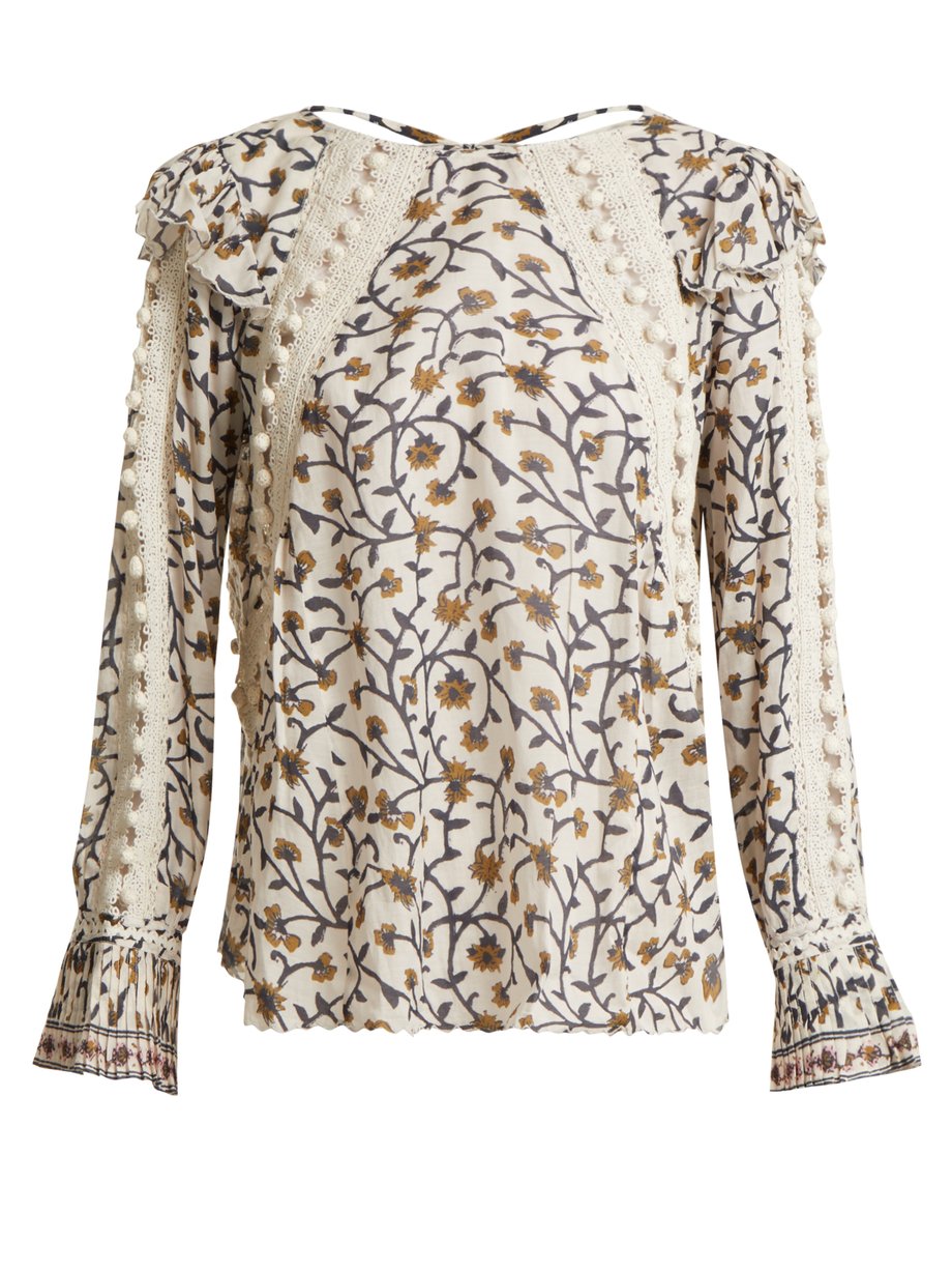 Neutral Esther floral-print pompom-embellished blouse | Sea ...