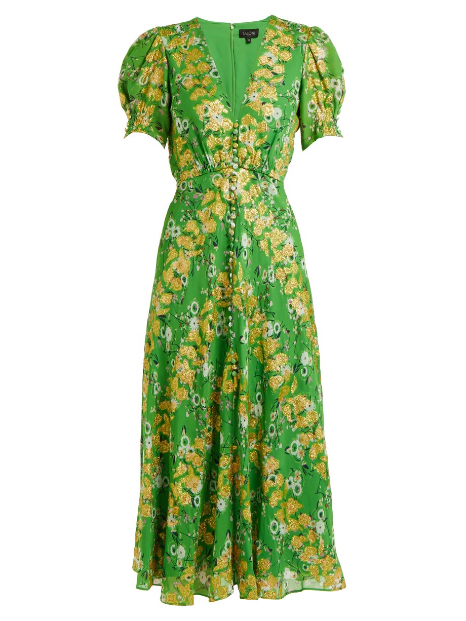 Green Lea floral-jacquard puff-sleeved silk-blend dress | Saloni ...