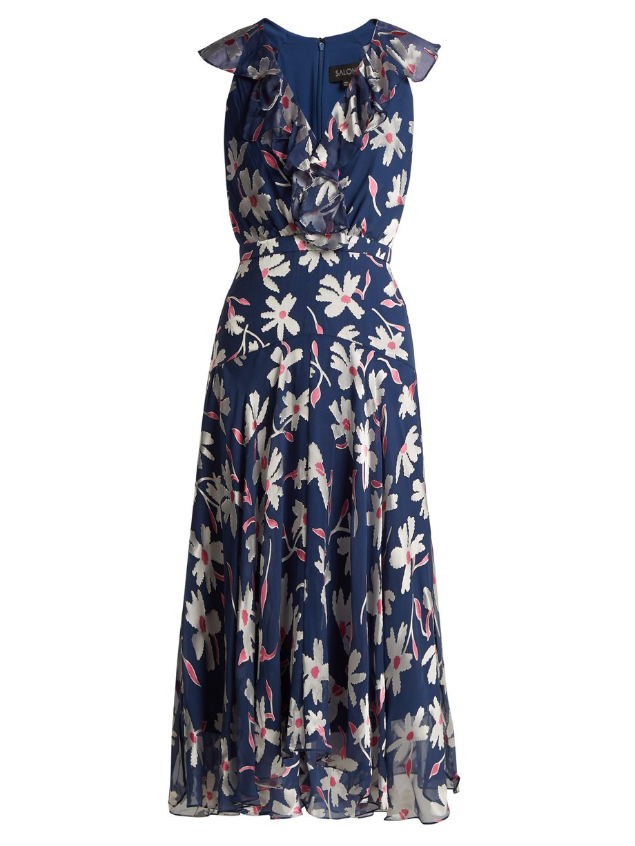 Navy Rita floral-devoré silk-blend asymmetric dress | Saloni ...
