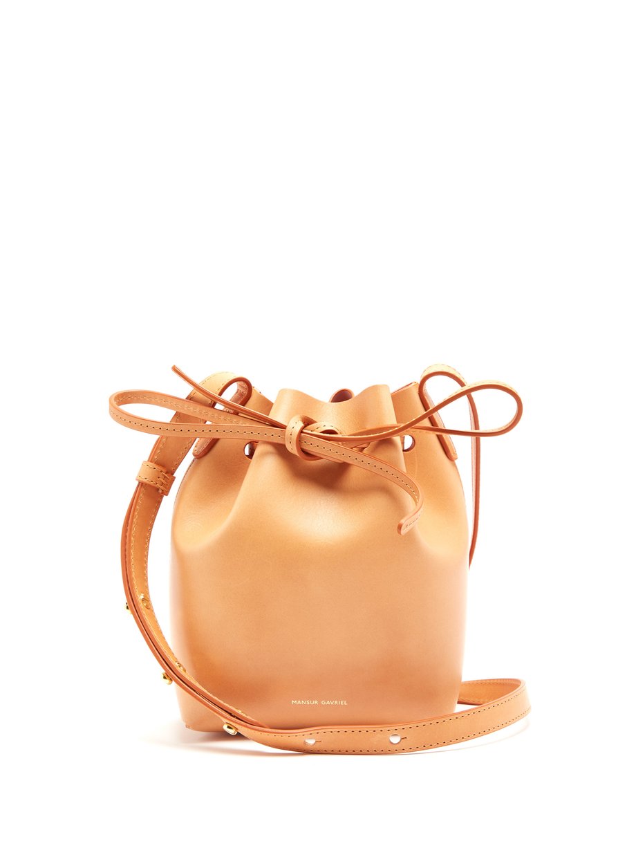 Tan Pink-lined Mini Mini leather bucket bag | Mansur Gavriel ...
