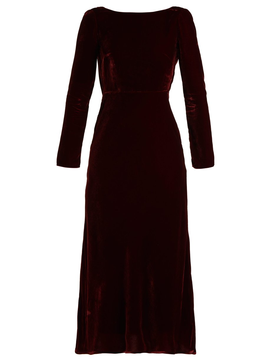 Burgundy Tina boat-neck velvet dress | Saloni | MATCHESFASHION US