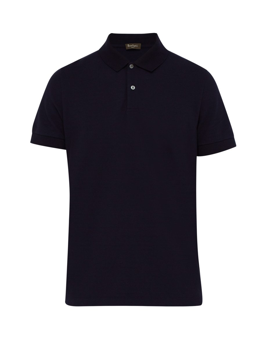 Berluti Berluti Leather-trimmed cotton-piqué polo shirt Navy ...