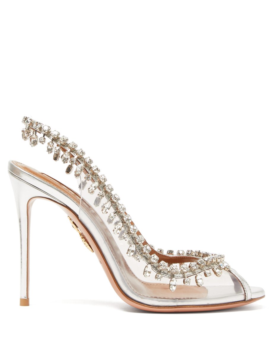 Metallic Temptation 105 crystal-drop PVC slingback heels | Aquazzura ...