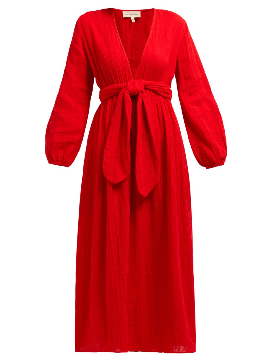 Red Luna V Neck Organic Cotton Gauze Midi Dress Mara Hoffman Matchesfashion Us