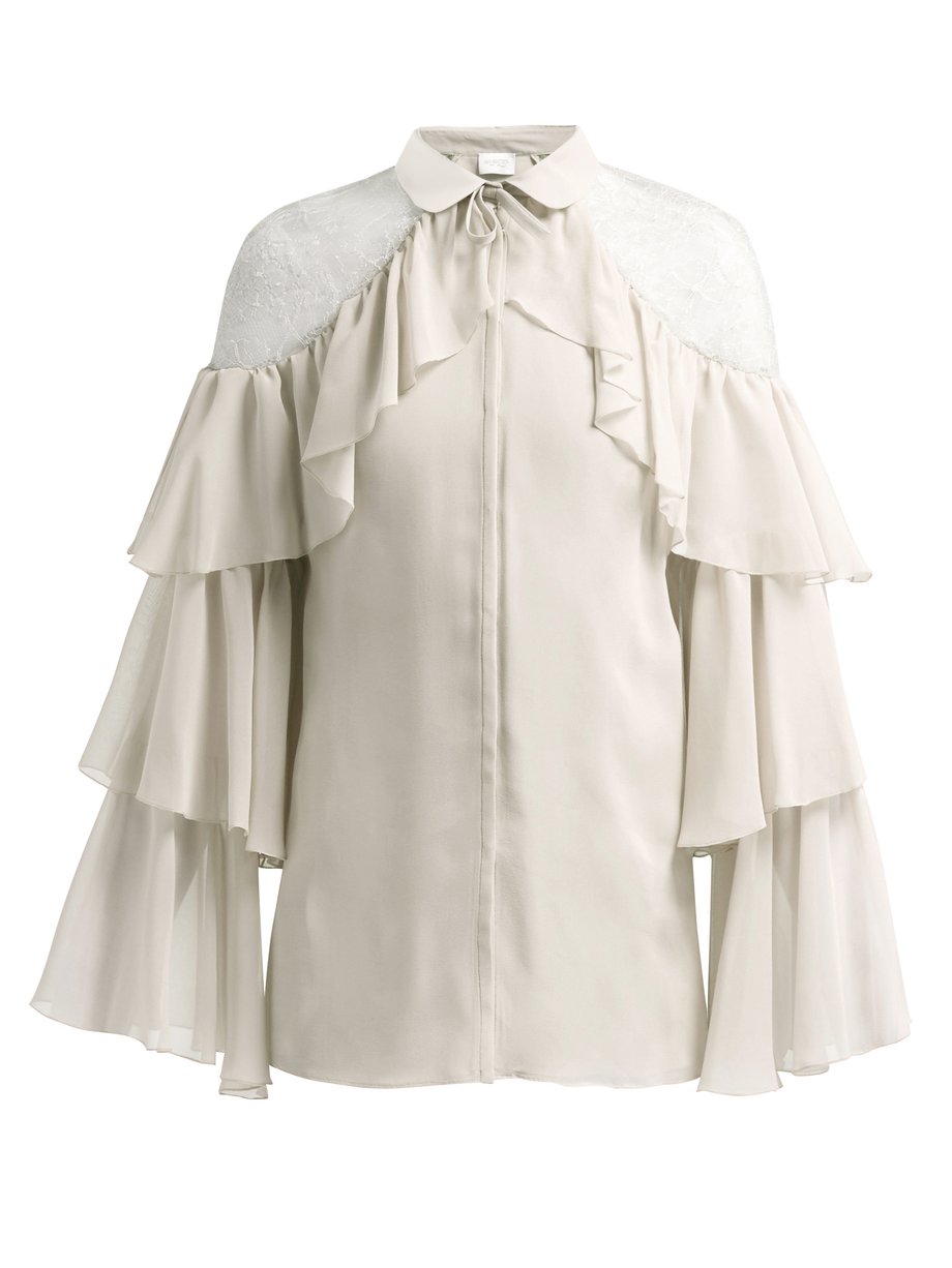 White Ruffled lace-insert silk blouse | Giambattista Valli ...