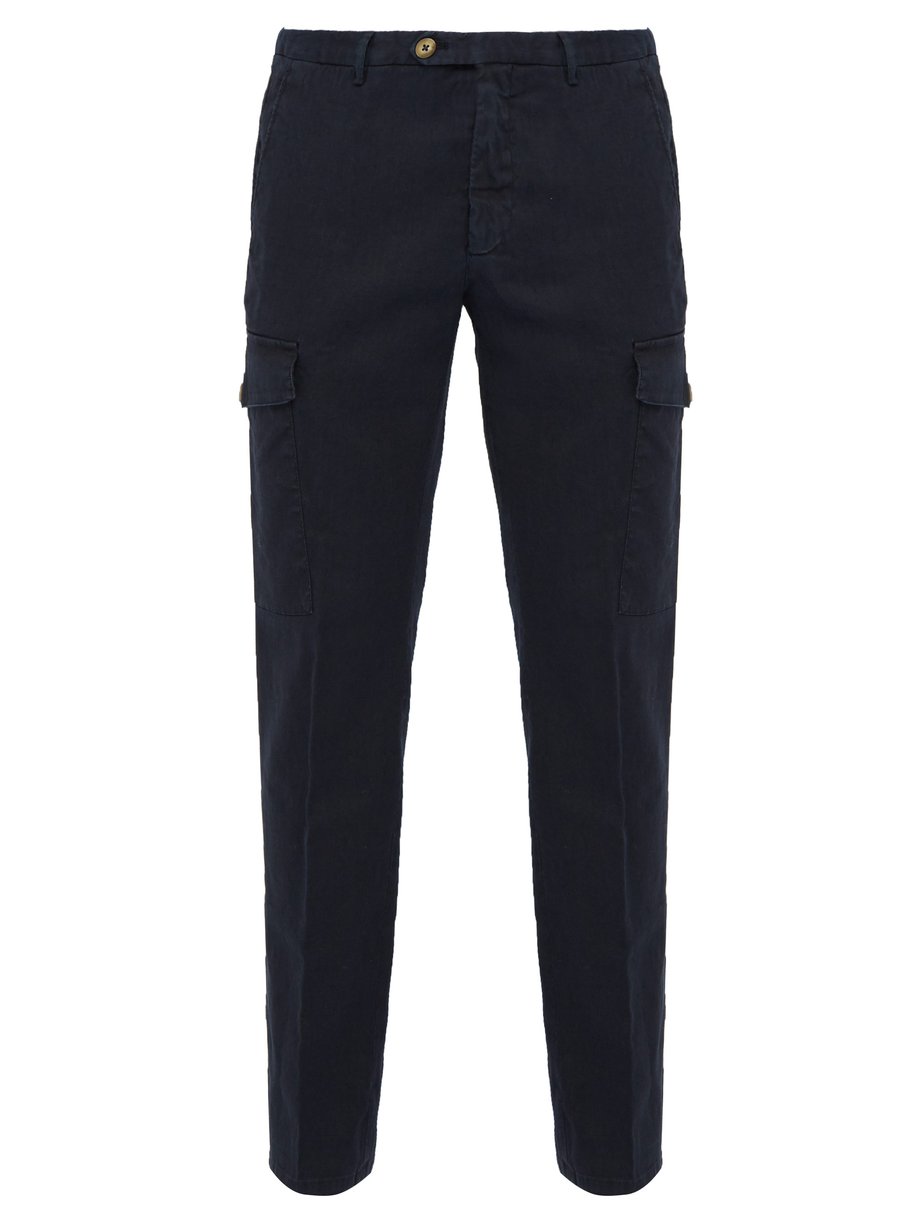 Navy Patch-pocket stretch linen-blend trousers | Thom Sweeney ...