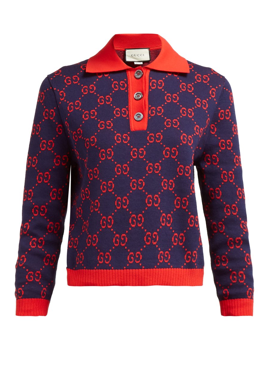 GG-jacquard cotton polo sweater Navy 
