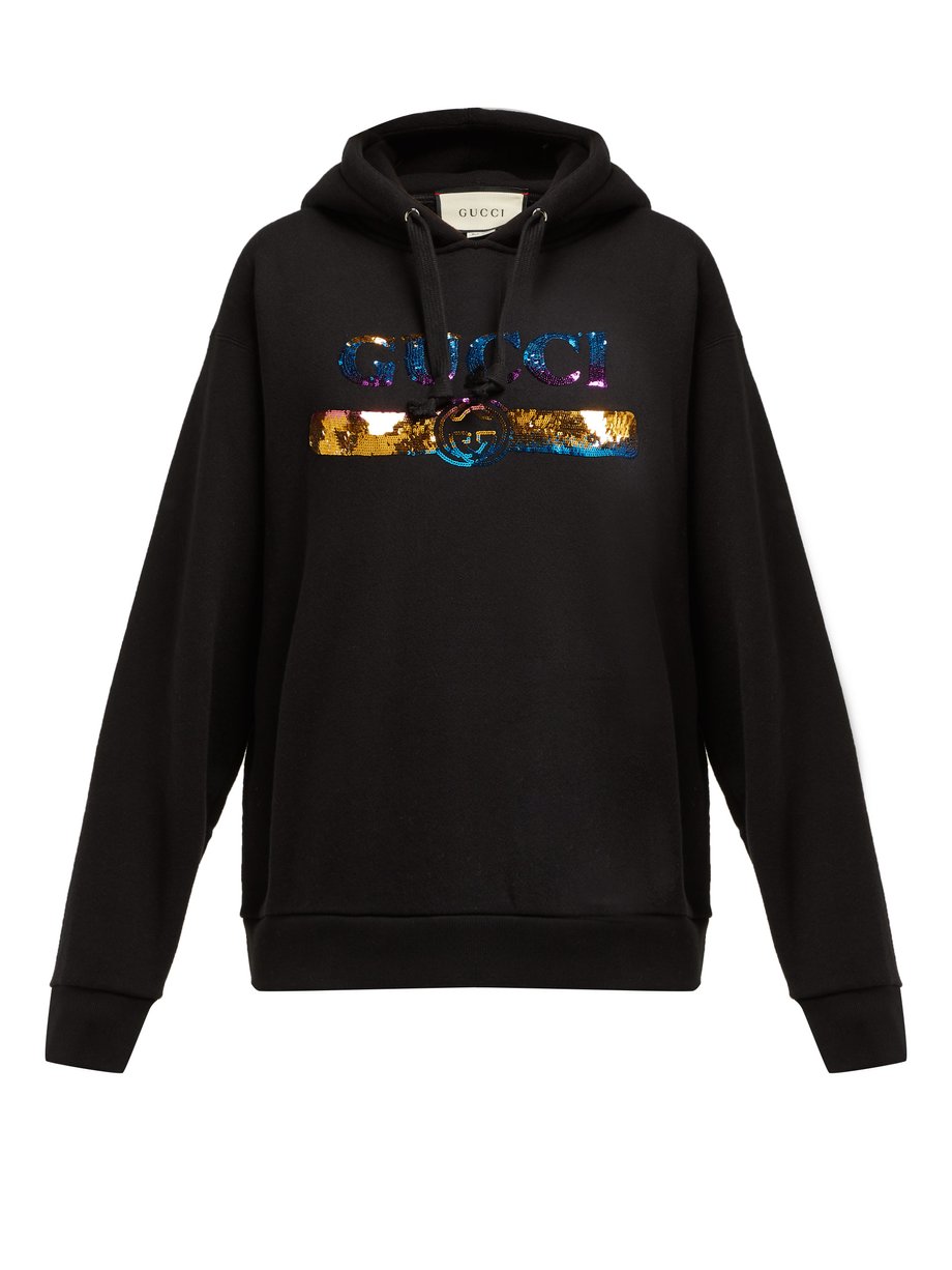 Black Sequinned-logo hooded cotton sweatshirt | Gucci | MATCHESFASHION US
