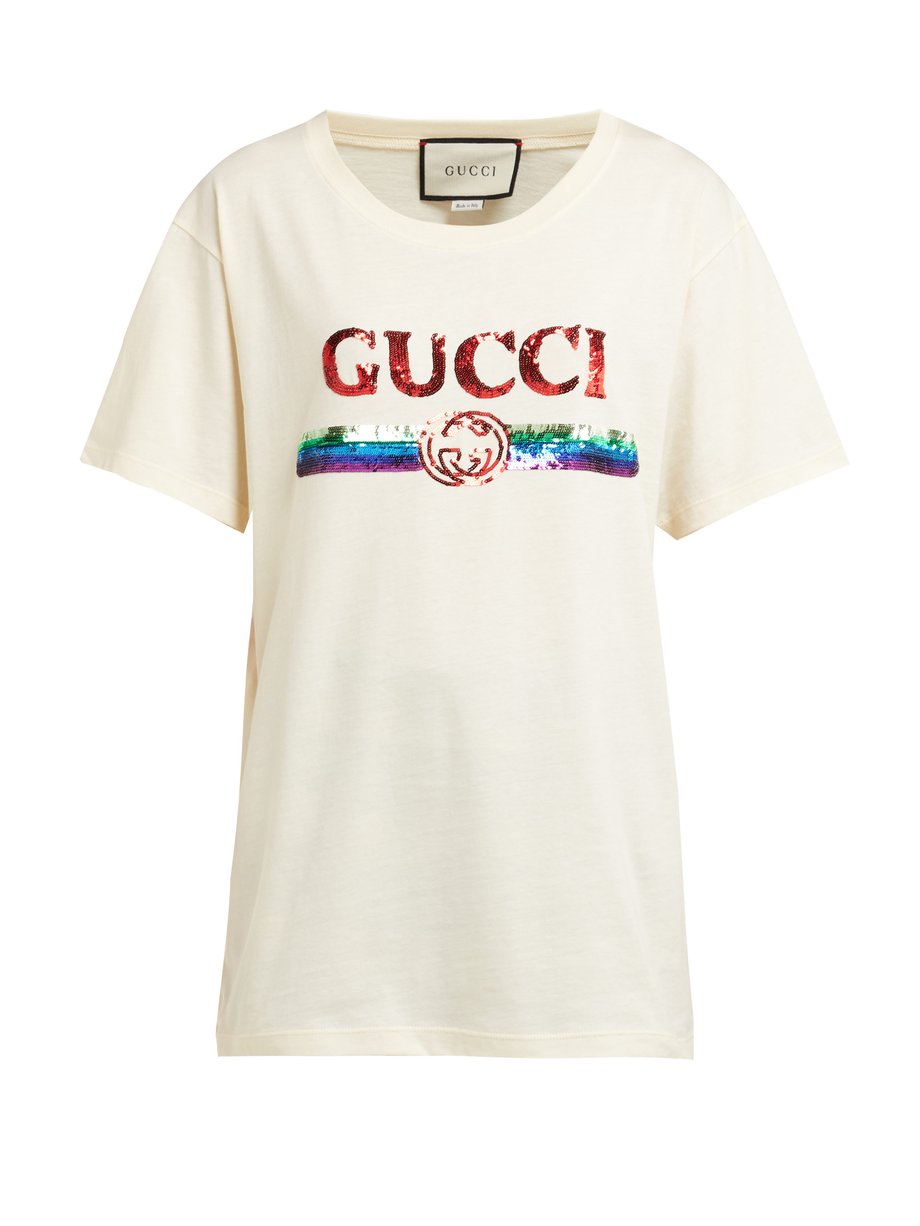Gucci グッチ スパンコール ロゴ コットンtシャツ ホワイト Matchesfashion マッチズファッション