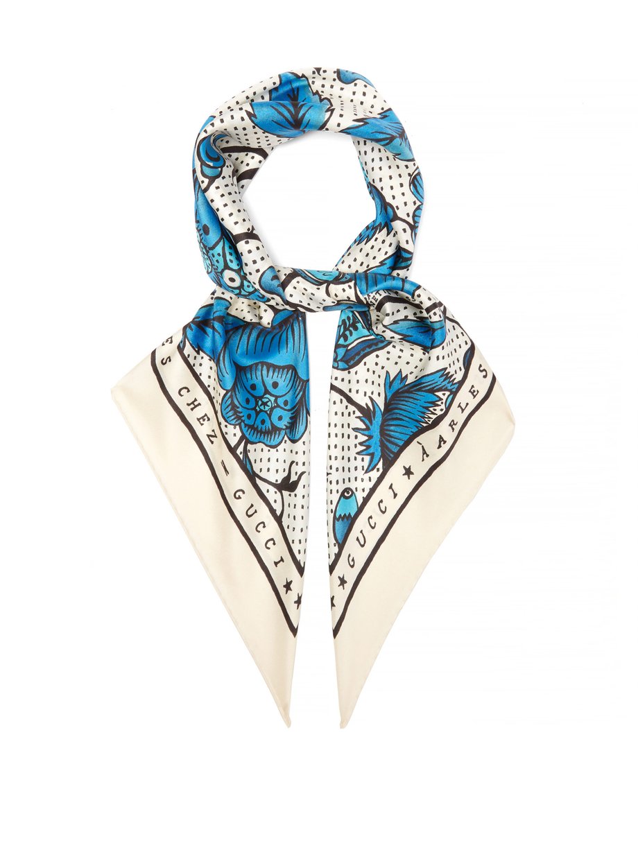 Blue Arles watercolour floral-print silk-twill scarf | Gucci ...