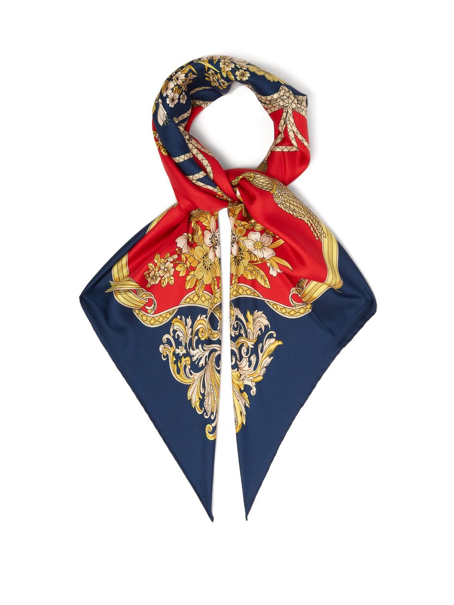 Navy Floral-printed silk-twill scarf | Gucci | MATCHESFASHION US