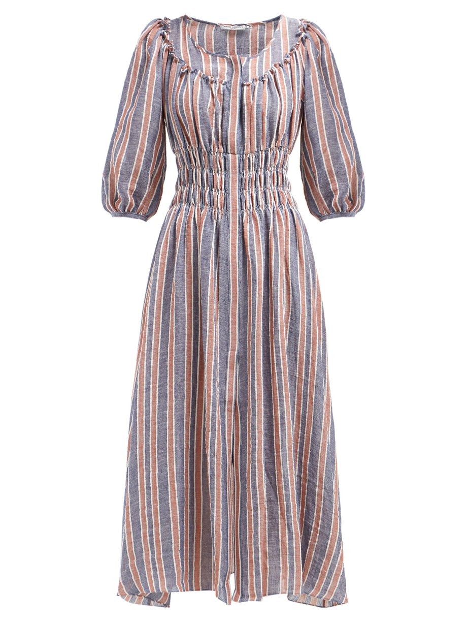 Navy stripe Arabella striped linen-blend midi dress | Three Graces ...