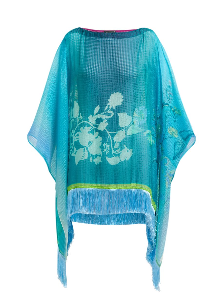 Blue Floral-print tasselled silk-chiffon poncho | Etro | MATCHESFASHION UK