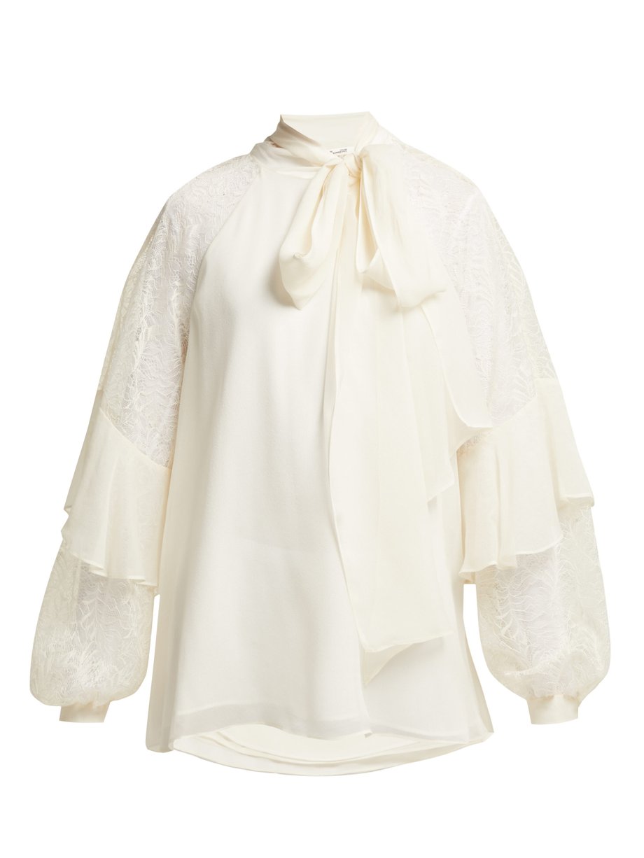 Neutral Mariela silk and lace pussybow blouse | Diane Von Furstenberg ...