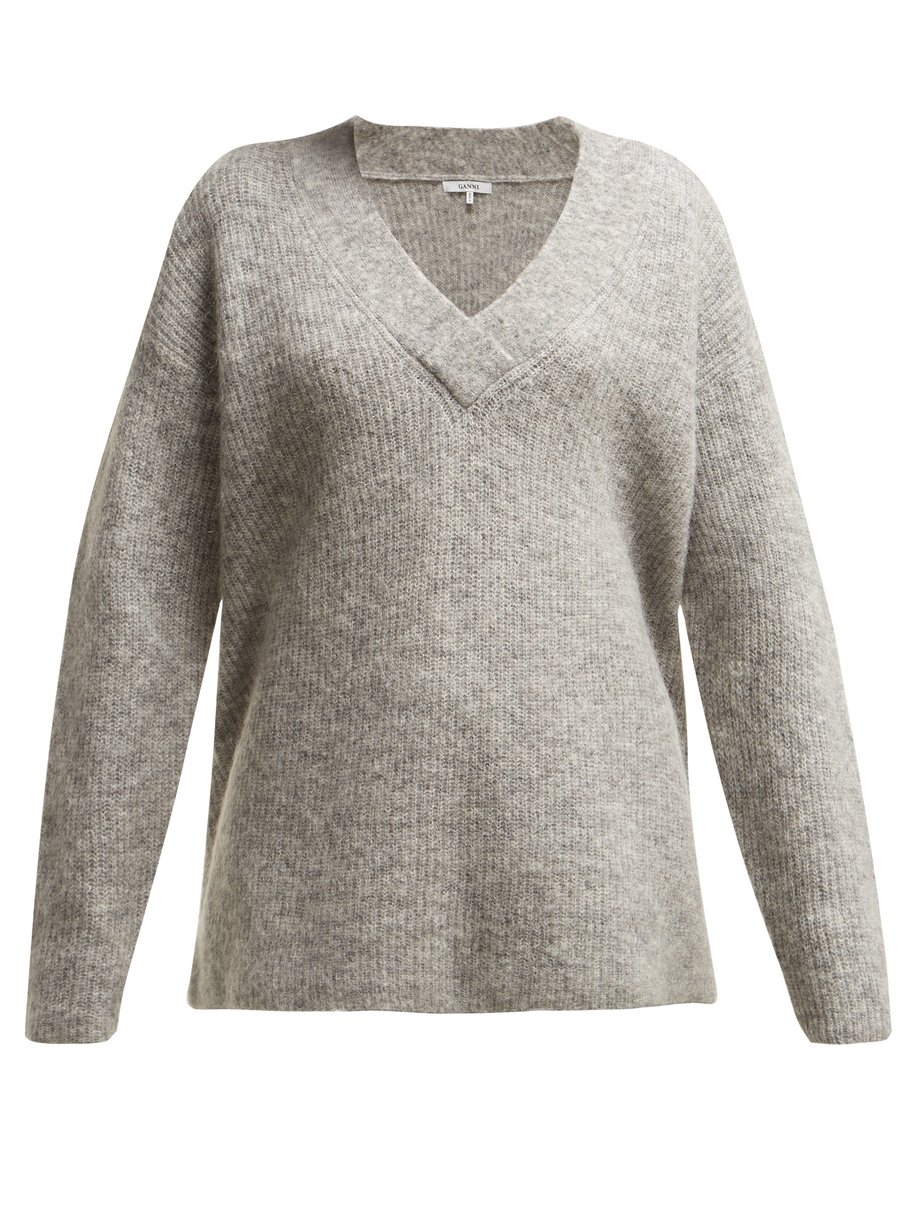 Grey Callahan V-neck mohair-blend sweater | Ganni MATCHESFASHION US