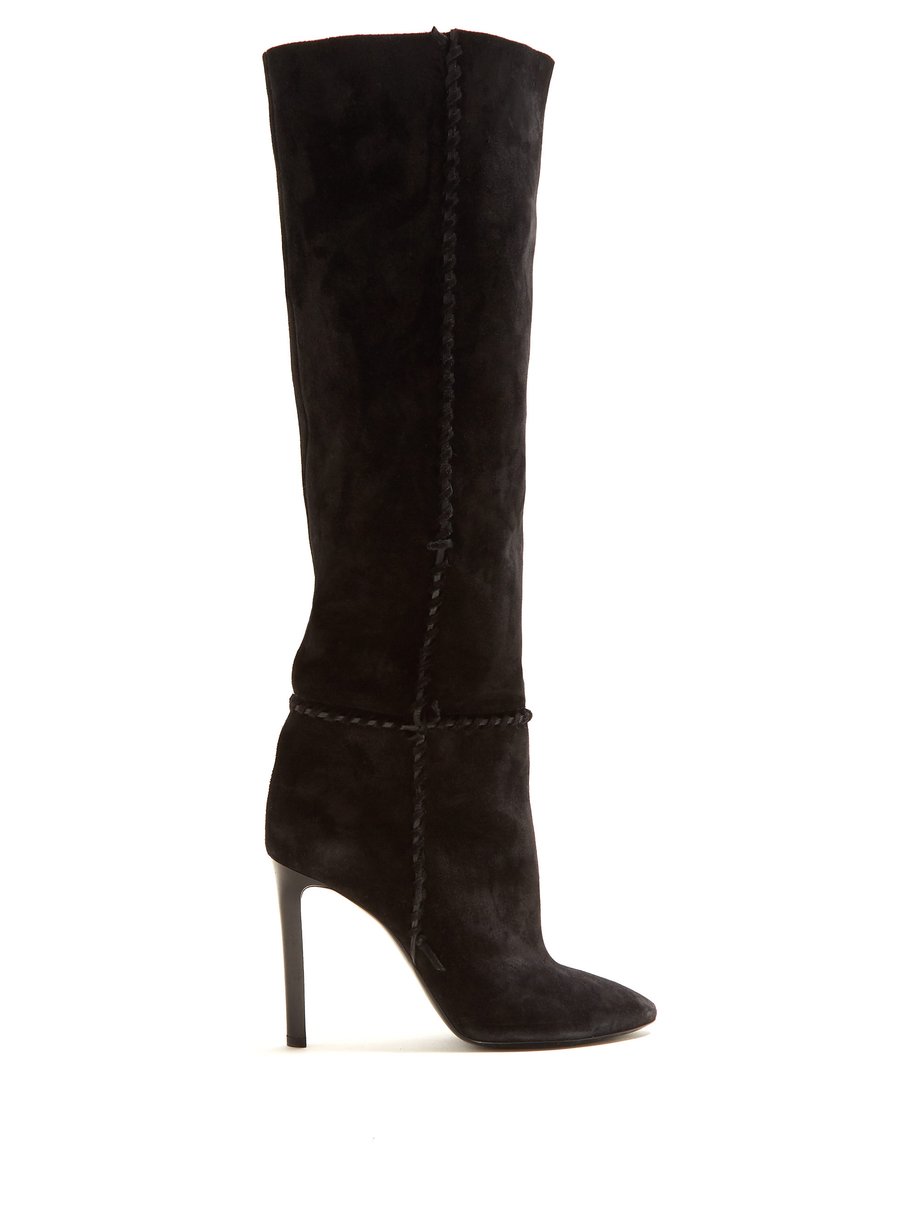 Black Mica whipstitched knee-high suede boots | Saint Laurent ...