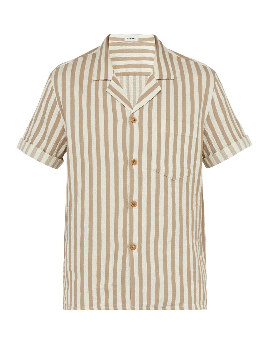 Neutral Striped textured cotton-blend camp-collar shirt | Commas ...