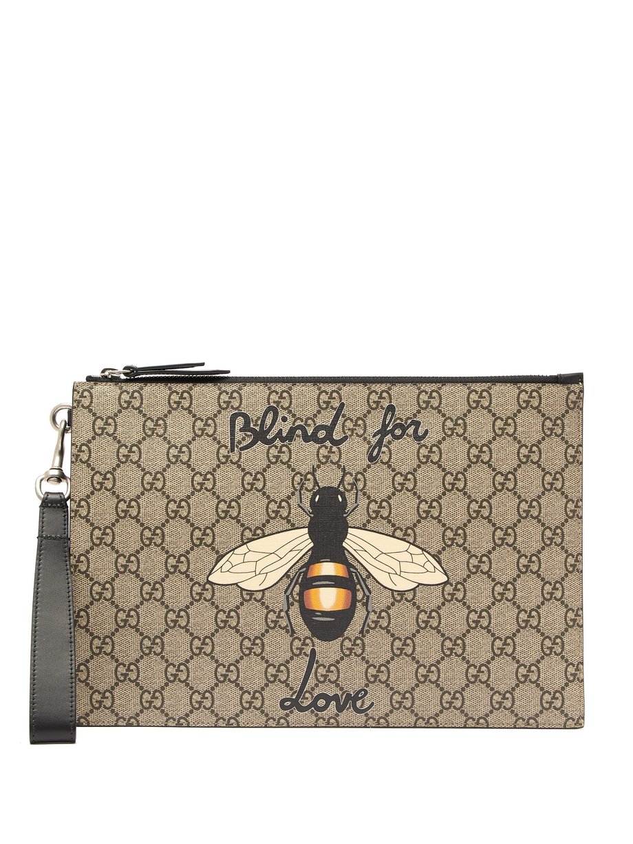 Brown Bee-print GG Supreme canvas pouch 
