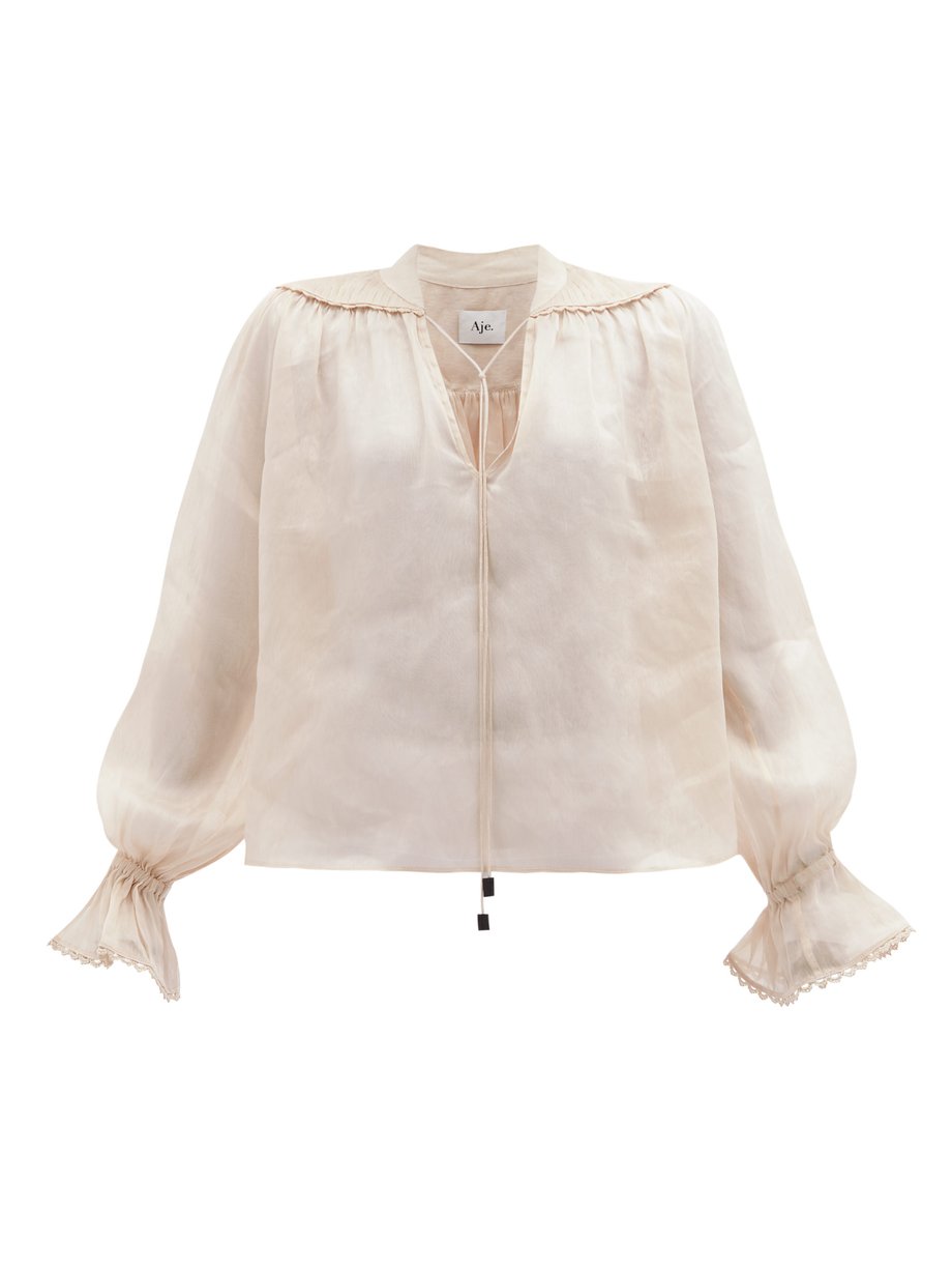 Neutral Elissa picot-trim silk-blend blouse | Aje | MATCHESFASHION UK