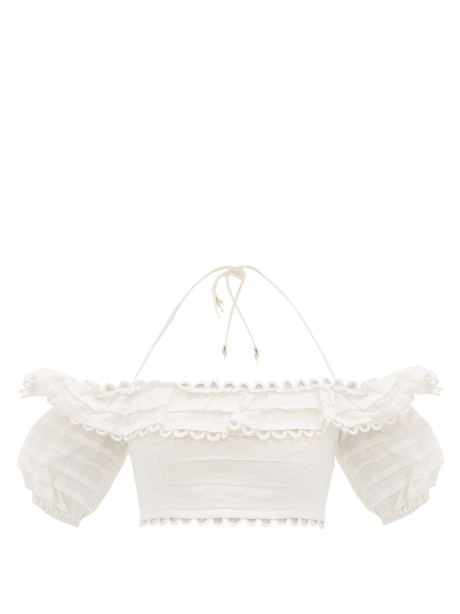 White Allia loop lace off-the-shoulder linen cropped top | Zimmermann ...