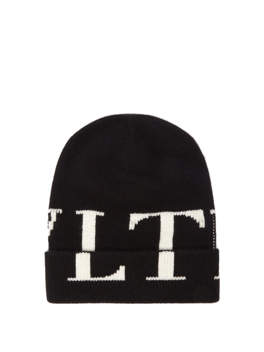 Black VLTN logo-intarsia wool-blend beanie hat | Valentino ...