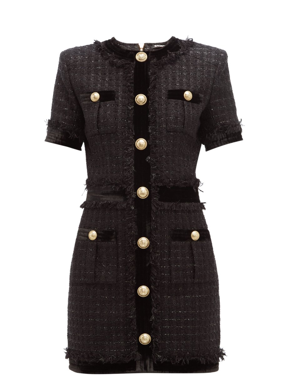 Black Velvet-trim metallic-tweed mini dress | Balmain | MATCHESFASHION US