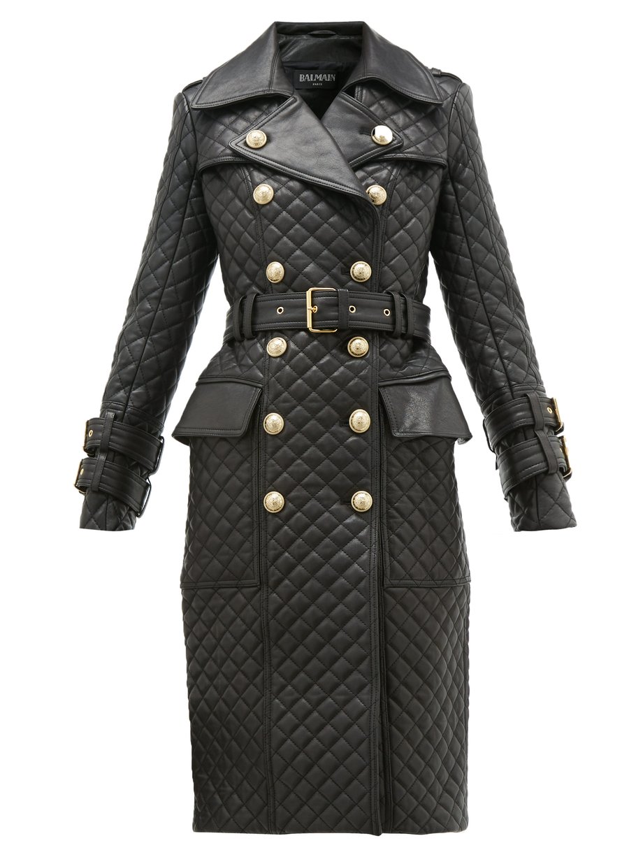 Black Double-breasted quilted-leather trench coat | Balmain ...